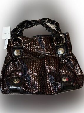 E157 Cloe Crocodile Embossed Patent Leather Tote Bag in Dark Brown, NWT